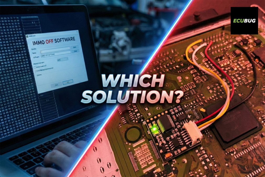 Comparison of software IMMO OFF hexadecimal editing versus a hardware immobilizer emulator for engine ECUs.