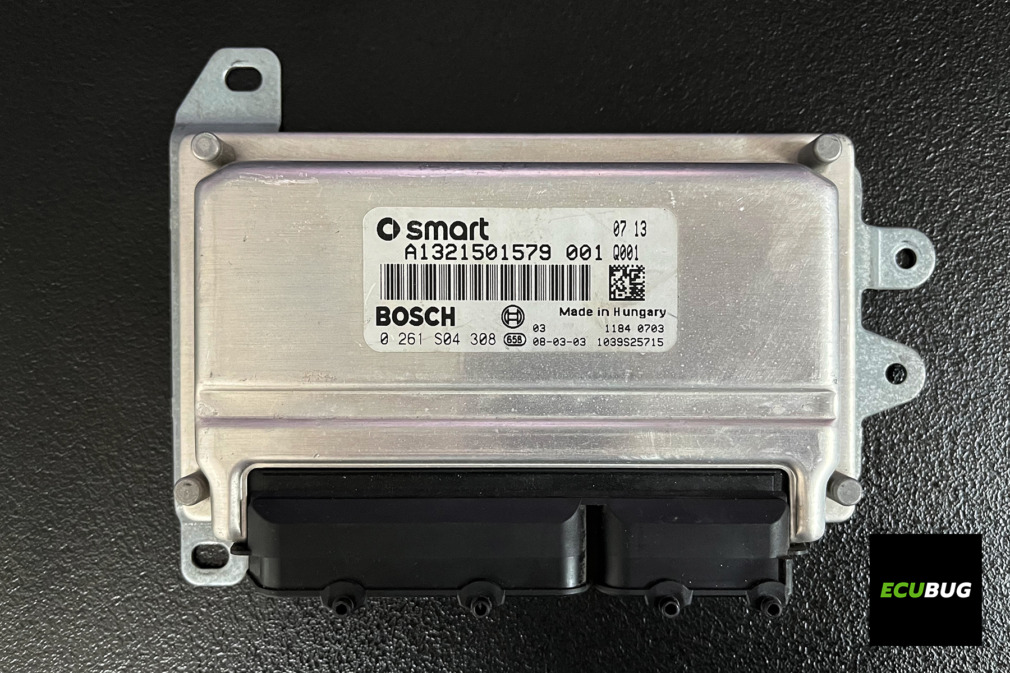 Bosch ME7.7.0 engine ECU from Smart 451 ForTwo on the bench, top view showing the connector and identification label with part number 0261S04308