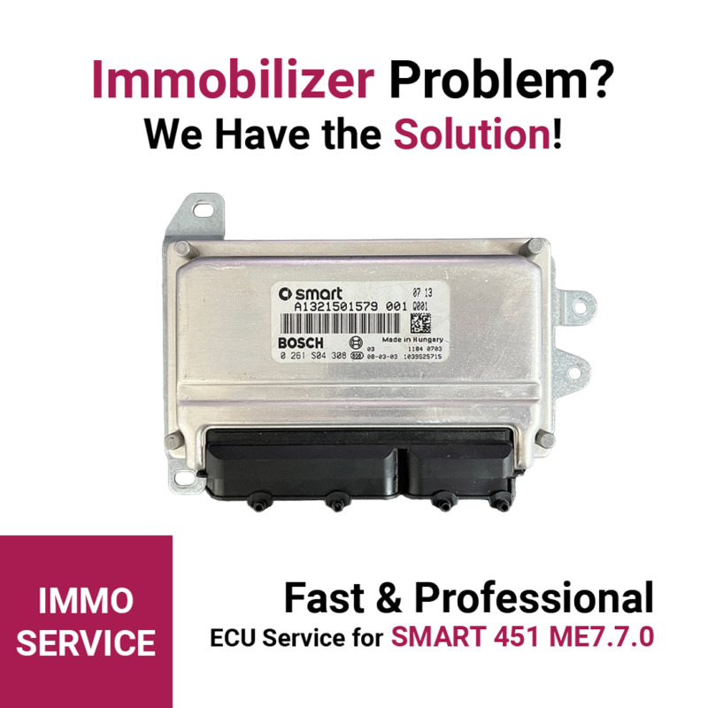 Bosch ME7.7.0 ECU from Smart 451 ForTwo with UNICAN 2 immobilizer emulator installed and active, green LED confirming successful IMMO authentication, ready-to-install bench-tested service