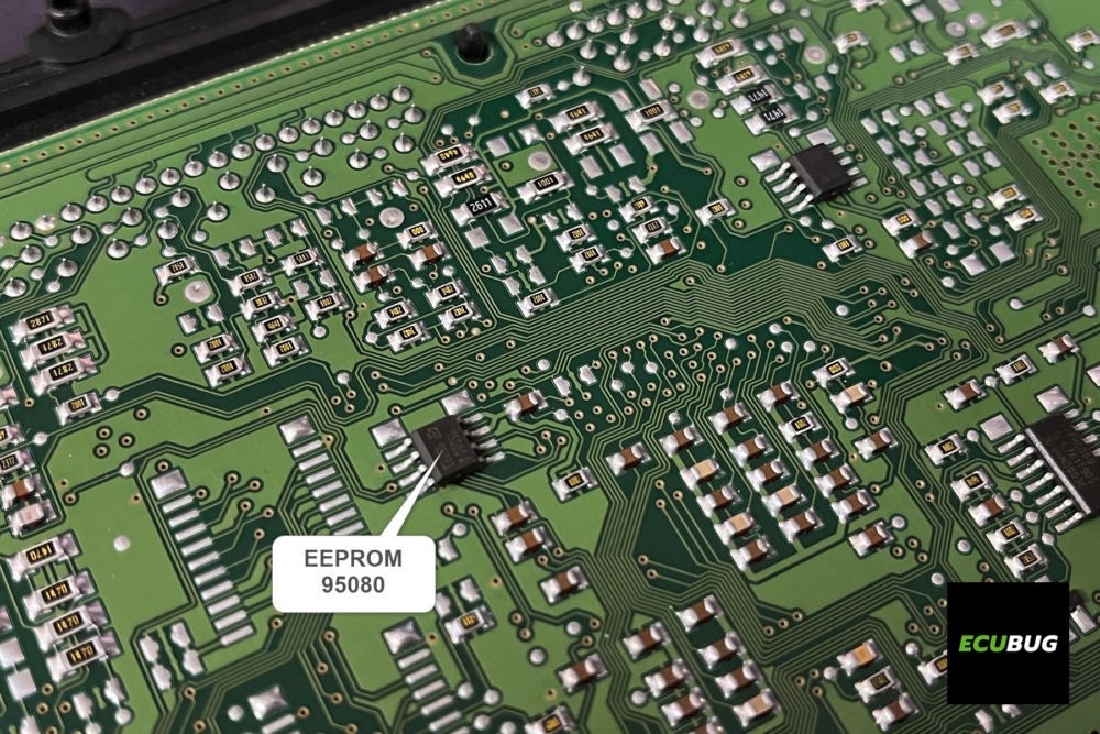 Close-up of Bosch ME7.7.0 PCB from Smart 451 ECU showing the 95080 EEPROM chip location with arrow and label, SOIC-8 package