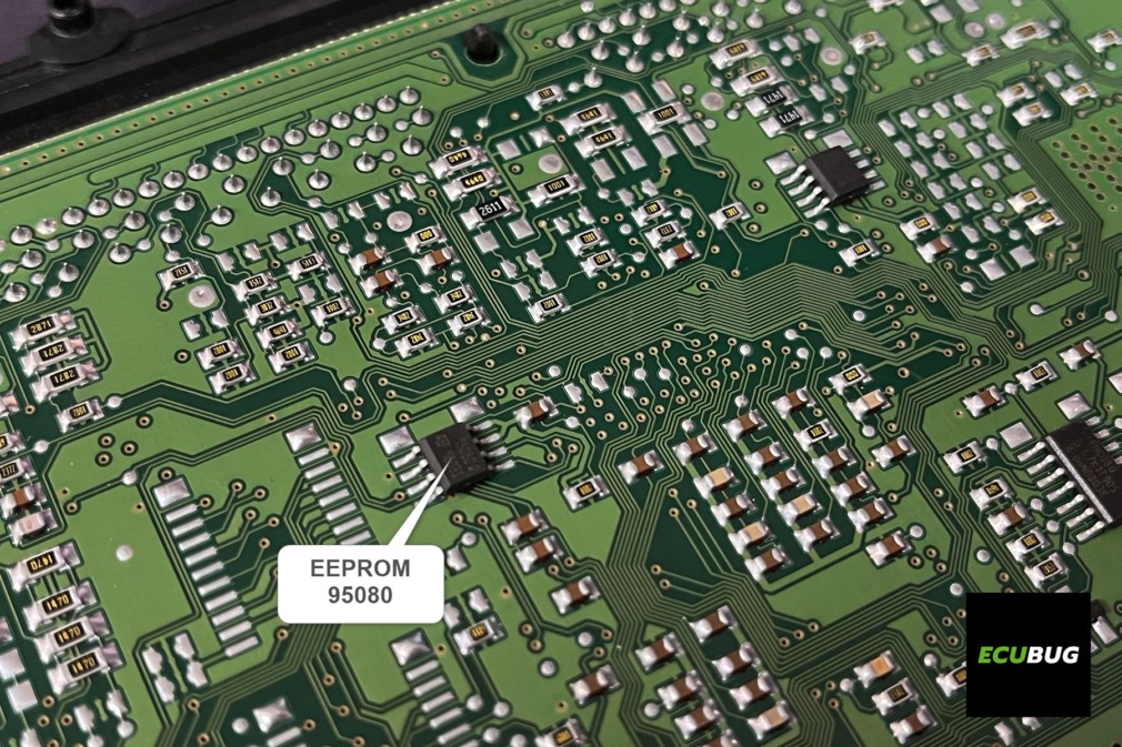 Close-up of Bosch ME7.7.0 PCB from Smart 451 ECU showing the 95080 EEPROM chip location with arrow and label, SOIC-8 package