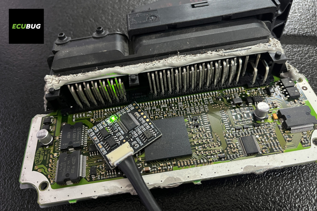 Active UNICAN 2 immobilizer emulator installed on the PCB of a Magneti Marelli IAW 4HV engine ECU with VAG WFS4 immobilizer